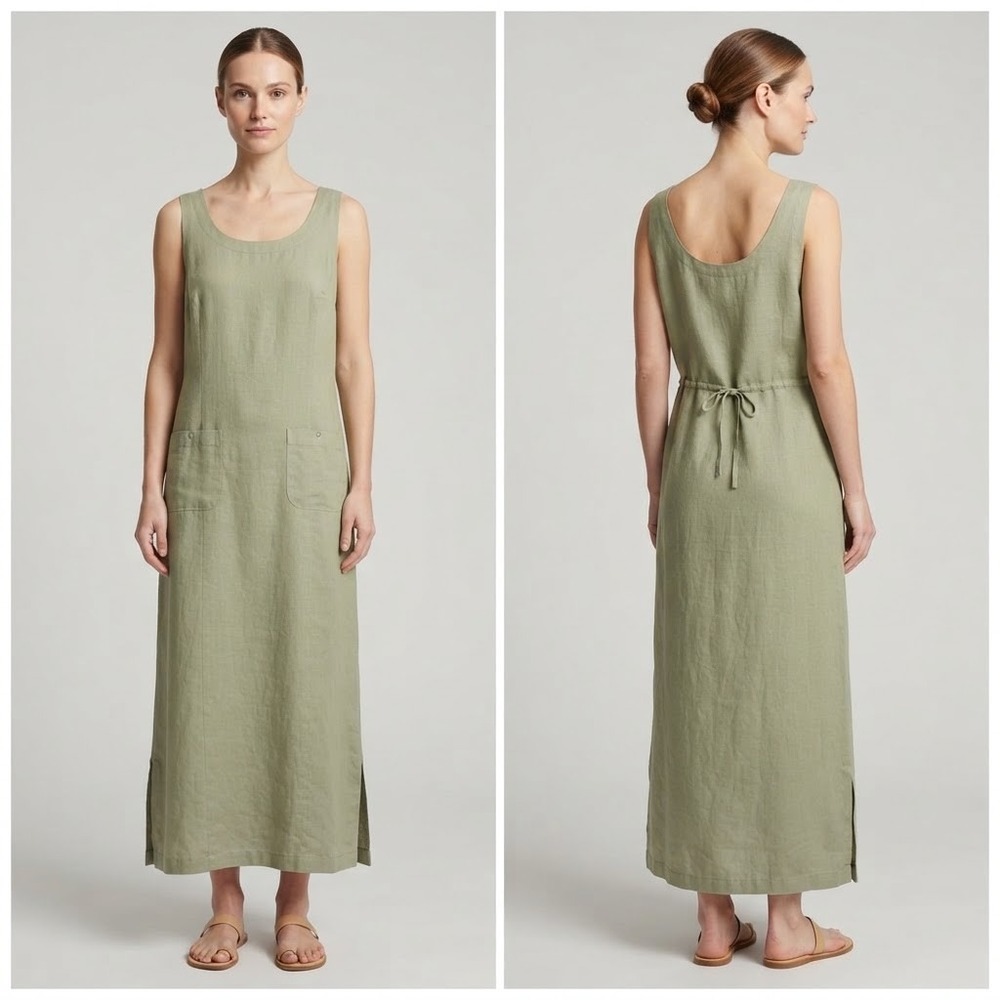 Cherokee Sage Green Linen Rayon Maxi Dress Tank Sleeveless Patch Pockets Large